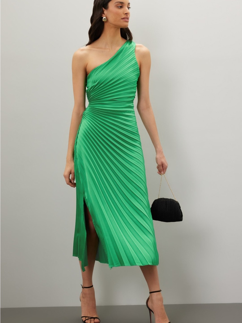 Emerald One-Shoulder Pleated Midi Dress